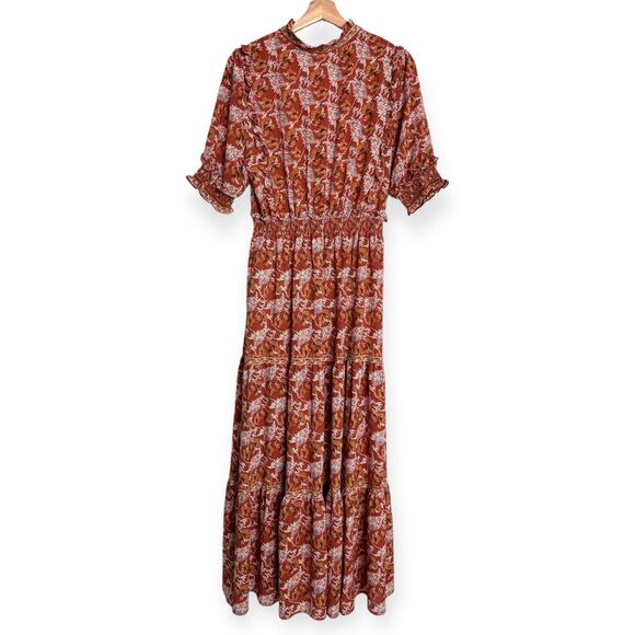 Max Studio Burnt Orange Floral Ruffled Tiered Smocked Maxi Dress Women's Size XL - Picture 2 of 11